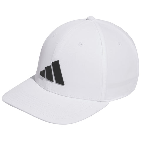 A white baseball cap features a prominent black three-stripe logo on its front side with a curved brim designed for sun protection worn in casual outdoor contexts.