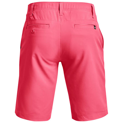 A pair of pink shorts is displayed facing away revealing the waistband and back pockets set against a plain white background suggesting a casual or athletic wear context.