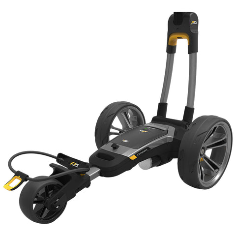 A golf push cart with large wheels is positioned for use featuring a collapsible handle and a sleek design showcasing controls and a storage area set in a neutral background.