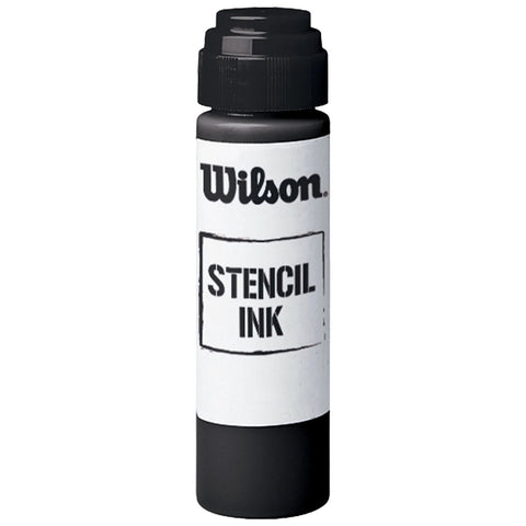 A cylindrical bottle of stencil ink is standing upright with a black cap and a white label displaying the text "Wilson" and "STENCIL INK" on it.