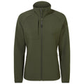 A green soft-shell jacket is displayed upright with a high collar and front zipper. It features side pockets and a chest pocket, suitable for outdoor activities in cooler weather.