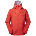 A bright red jacket with a hood is displayed frontally featuring a zipper and elastic cuffs emphasizing its lightweight design ideal for outdoor activities in variable weather conditions.