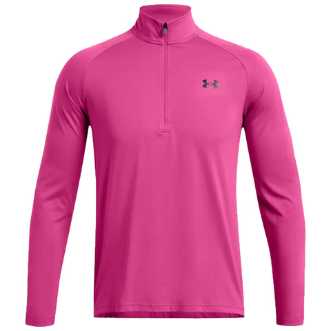 A long-sleeved pullover with a quarter zip in bright pink is displayed prominently against a plain background highlighting its athletic design and brand logo on the chest