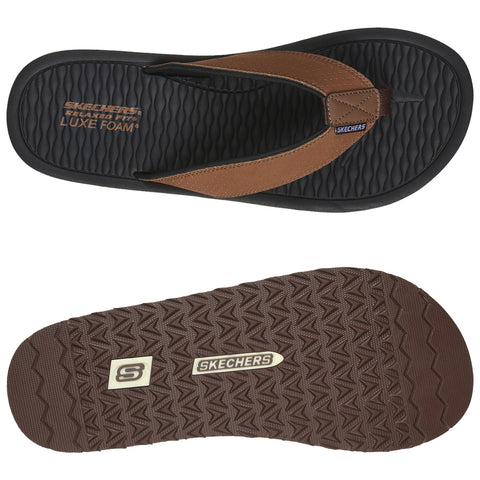 A brown flip-flop with a textured black footbed and a rubber sole features Skechers branding. The upper strap is cushioned for comfort, designed for casual wear in warm environments.