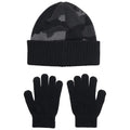 A beanie with a camouflage pattern sits above a pair of black gloves positioned underneath in a flat arrangement against a light background suggesting winter gear.