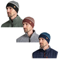 Three men are wearing different knit beanies in various colors. They appear to be posing in a neutral background, showcasing the hats while wearing casual outerwear including jackets and vests.