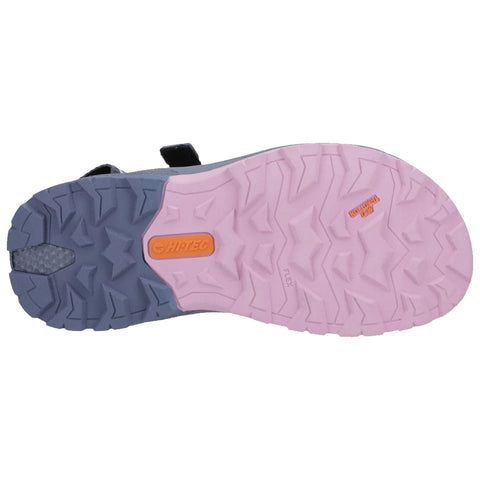 A shoe sole featuring a multi-pattern tread with dark and light sections predominantly in gray and pink displaying a brand logo in orange positioned centrally on the sole.