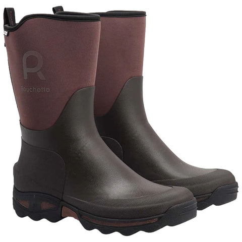 Rubber boots are standing upright with a sleek design showcasing dark green and brown colors. The brand name Rouchette is visible on the side. They are suitable for wet or muddy environments.