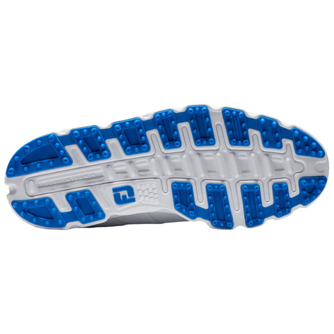 A sneaker sole features blue traction pads and a white base with grooves designed for grip and cushioning during athletic activities on various surfaces.