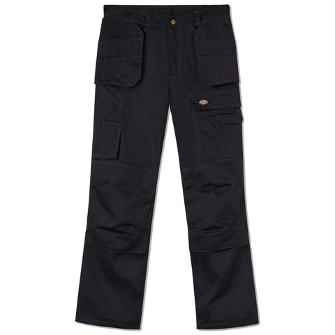 Black cargo pants with multiple pockets feature red stitching and a button closure at the waist designed for practicality and utility in work or casual settings