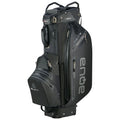 A black golf bag stands upright featuring multiple zippered pockets and a top compartment for clubs showcasing a sleek design ideal for storage and organization on the golf course.