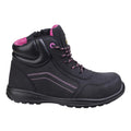 A black high-top boot is displayed featuring pink accents and laces The boot has a sturdy sole designed for support and is suitable for outdoor activities