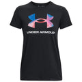 A black short-sleeve t-shirt features a large colorful Under Armour logo and text below it. The shirt has a casual style suitable for athletic or everyday wear.