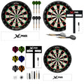 Dartboards with scoring areas are displayed alongside sets of darts and additional dart accessories including flight designs and scoring sheets in a neat arrangement showcasing the XQMAX brand.