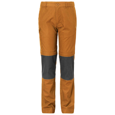 A pair of outdoor pants features a khaki upper section with gray knee patches and side pockets designed for versatility and durability in rugged environments.