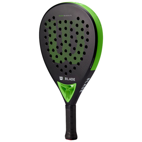 A paddle for racket sports features a black and green design with perforations on the surface for grip and control held by a textured grip handle ideal for gameplay.