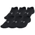 A set of six black ankle socks is arranged in a staggered formation each featuring a small logo on the side designed for casual or athletic wear.