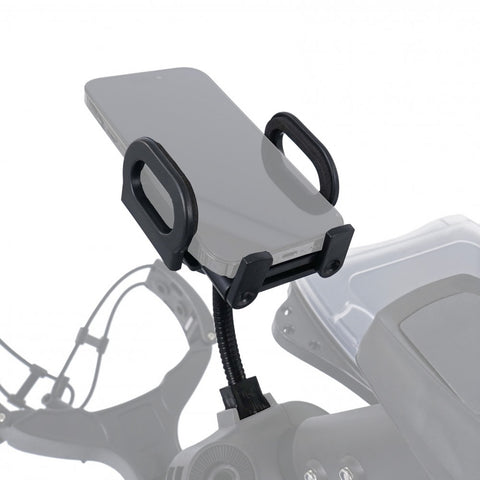 A phone holder is mounted on a flexible arm designed for a motorcycle. The holder securely grips a smartphone, providing a stable platform within the bike's cockpit area.