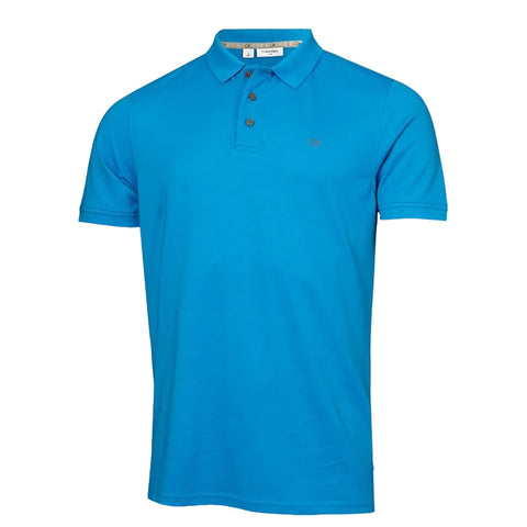 A bright blue polo shirt hangs vertically showcasing its smooth fabric and short sleeves three buttons are visible at the collar along with a small embroidered logo on the chest