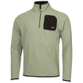 A light green pullover top features a half zipper and a black pocket with the initials CK displayed on it, suitable for casual wear in cool weather.