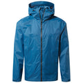 A blue waterproof jacket hangs vertically with a full front zipper and a hood. It is smooth and shiny, suggesting a lightweight, breathable fabric suitable for outdoor activities.