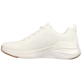 A white athletic shoe rests on a flat surface showcasing a breathable mesh upper and a cushioned sole designed for comfort and support during physical activities.