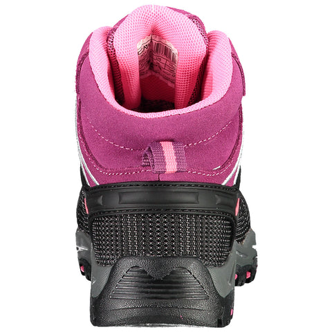 A purple and black hiking boot with a padded pink collar sits upright. The boot features a textured sole and lacing system, designed for outdoor activity and support.