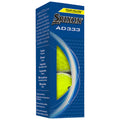 A box of Srixon AD333 golf balls is displayed with a window showing the bright yellow balls inside providing details about their performance characteristics in French including touch distance trajectory construction and effects.