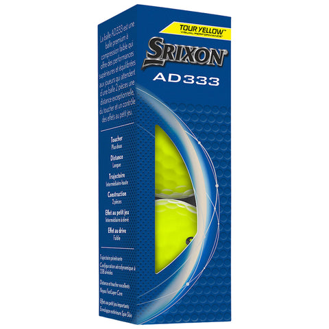 A box of Srixon AD333 golf balls is displayed with a window showing the bright yellow balls inside providing details about their performance characteristics in French including touch distance trajectory construction and effects.