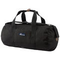 A black duffel bag rests upright with two sturdy handles on top and a leather accent. It is designed for storage and transport, suitable for travel or gym use.