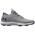 Gray athletic shoe features textured surface and rubber spikes on the sole for traction designed for sports use set against a plain white background.