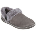 A gray slipper with a soft fur cuff rests on a flat surface showcasing its cozy material and rounded toe great for indoor comfort and relaxation.