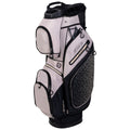 A golf bag stands upright featuring multiple zippered compartments for storage it has a smooth exterior with a black and white color scheme and a textured pattern on one side.