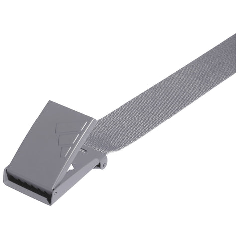 A gray strap with a metal buckle is positioned horizontally with the end of the strap extending to the right showing its textured surface designed for secure fastening.