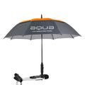 A large umbrella with a gray and orange design is attached to a white base featuring various controls indicating it is positioned to provide UV protection in an outdoor setting.