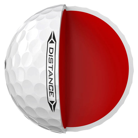 A golf ball is shown with a cutaway revealing a red interior. The exterior is white and dimpled with the word DISTANCE printed on the side.