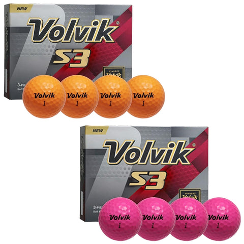 Volvik S3 golf balls are displayed in two packs with three orange balls on top and three pink balls below against a gray and red packaging background highlighting the product name and details.