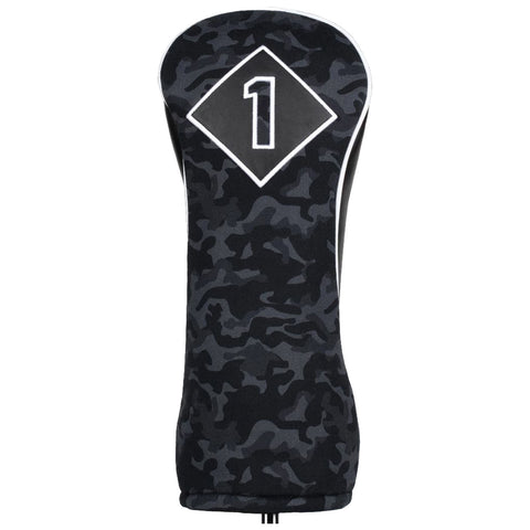 A golf club head cover with a black camouflage pattern is displayed upright featuring a white diamond shape with the number one inside it emphasizing its purpose to protect the club.