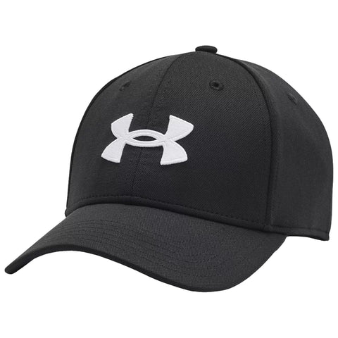 A black cap with a white logo features a rounded crown and a stiff brim The cap is isolated on a plain background showcasing its design and branding