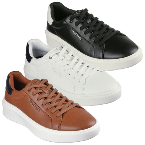 Three pairs of Skechers sneakers in black white and brown are displayed side by side with laces tied and a simple design showcasing a casual sporty style set against a neutral background