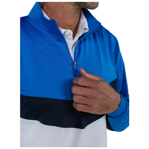 A person wearing a blue and white zip-up jacket is adjusting the zipper with one hand while their other hand rests on the jacket's front, set against a plain background.