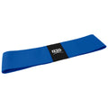 A blue exercise resistance band is laid flat showcasing its smooth texture and flexibility with a black logo label in the center indicating the brand Izzo.