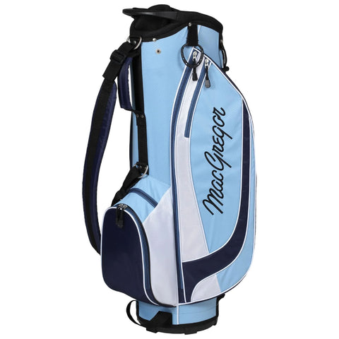 A blue and white golf bag stands upright featuring the brand name 'MacGregor' prominently displayed. It has adjustable straps and pockets for golf equipment, set against a neutral background.