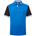 A blue polo shirt with black sleeves features a three-button placket and a white collar trim designed for athletic or casual wear suitable for outdoor activities like golfing.