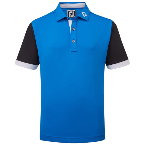 A blue polo shirt with black sleeves features a three-button placket and a white collar trim designed for athletic or casual wear suitable for outdoor activities like golfing.