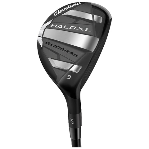 A golf club head featuring a sleek black and silver design labeled with the brand name Cleveland and the model HALO XL GLIDERAIL showing a number 3 and an 18 degree loft