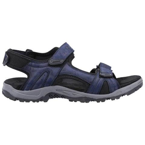 A navy blue sandal features adjustable straps and a textured sole designed for outdoor wear placed against a plain white background emphasizing its sporty and functional design.