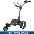 A golf trolley with three wheels is positioned upright its handlebar is angled and contains a circular support for holding bags it is designed for transporting golf equipment and appears to be new