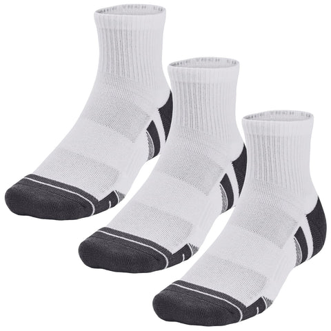 A set of three pairs of short white athletic socks is displayed with grey accents featuring a ribbed top and reinforced heel and toe areas positioned on a neutral background.