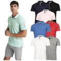 A man wearing a light green polo shirt poses confidently while seven other polo shirts in various colors are displayed beside him in a clothing advertisement setting.